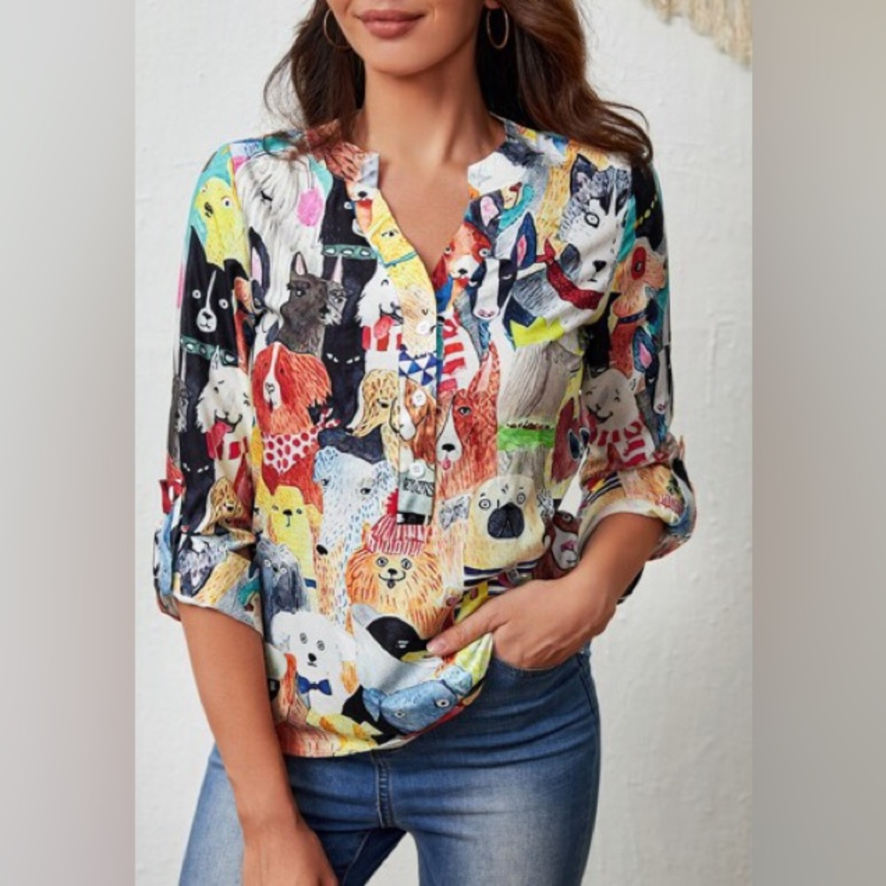 Emery Rose Top Blouse Doggies Size L
